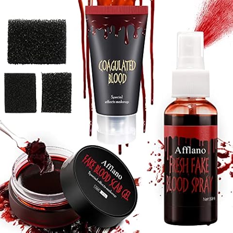 Afflano Halloween Makeup Kit Fake Blood Splatter,Coagulated Blood Gel+3*Stipple Sponge+Blood Spray for Clothes,Special Effects,Zombie,Vampire Monster SFX Makeup,for Theater,Stage,Film,Costumes,Cosplay Cover