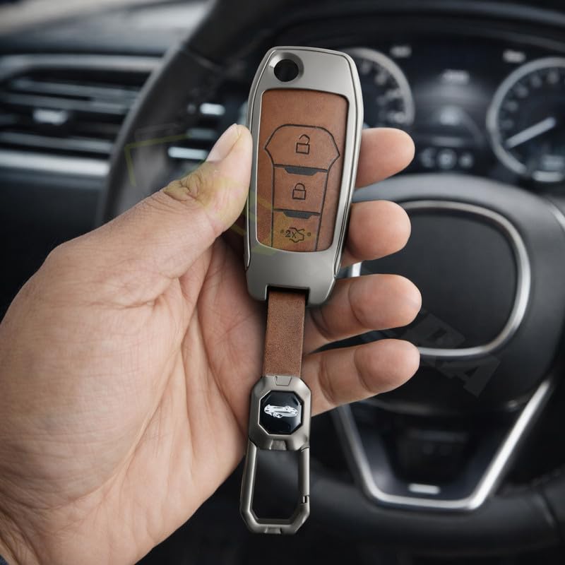 Image of Metal Leather Brown Key Cover Compatible for Ford - Figo, Aspire, Endeavour (3 Button Flip Key)