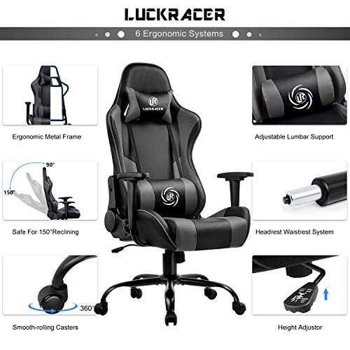 LUCKRACER-Silla-Gaming-Escritorio-Oficina-Gamer-Ergonomico-Respaldo-Reclinable-Giratoria-Ordenador-Gris