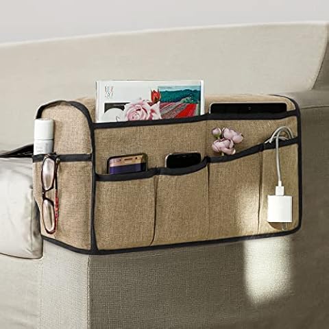 Anti-Slip Armrest Covers with 8 Pockets for Sofa Couch, Armchair Caddy & Organiser for Phone, iPad, Super Durable Recliner Arm Protector for Dog, Cat, Pets, Set of 1, Khaki (Only Left) Cover