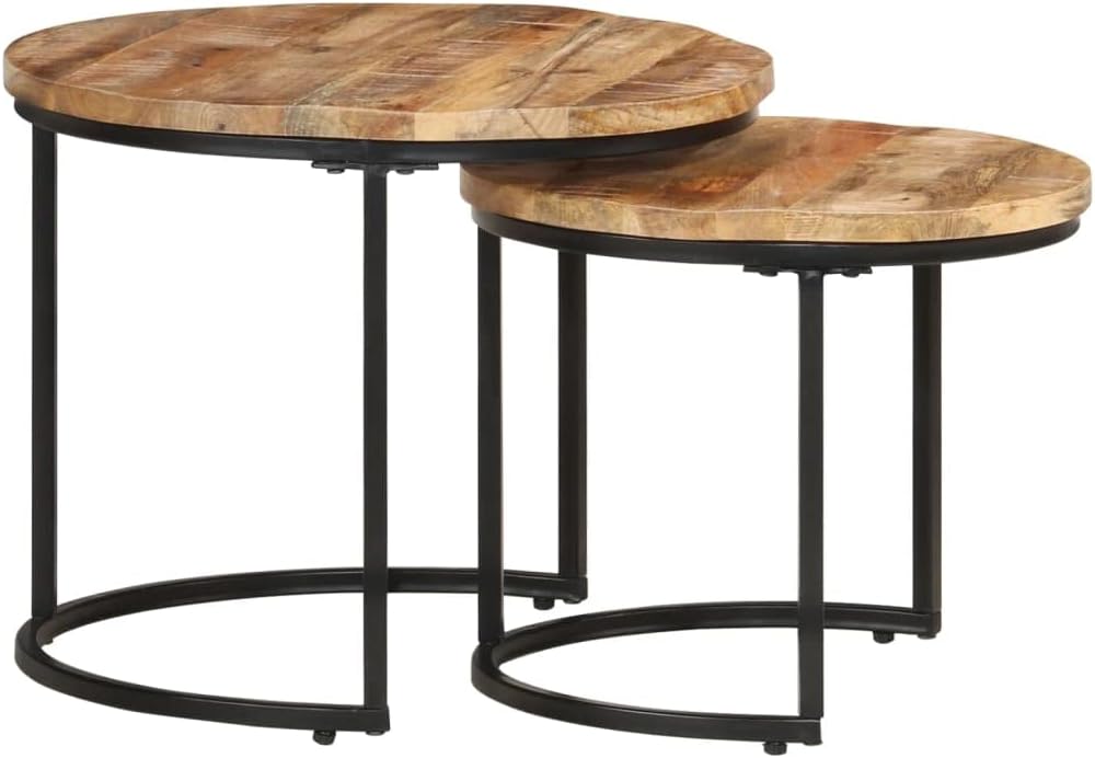 vidaXL Round Nesting Tables- Mango Wood- Natural Finish- 2 Pieces Set- Space-Saving- Living Room Furniture