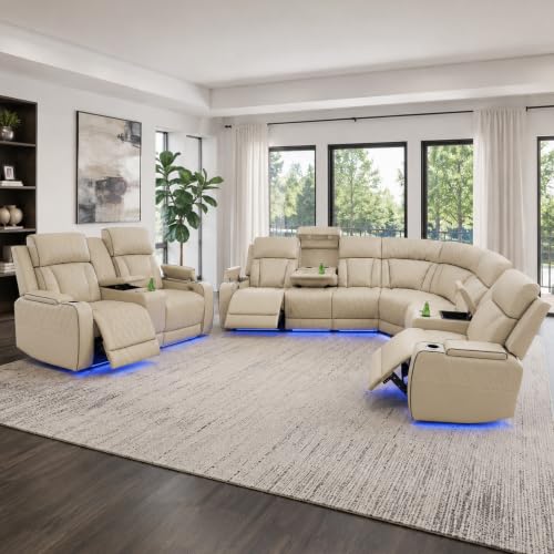 Image of Power Reclining Sectional Sofa, L-Shaped Faux Leather Recliner Couch with LED Lights, Reading Lights, Wireless Charging, Cup Holders, Storage Console & USB-C Ports, Comfortable Home Theater Seating