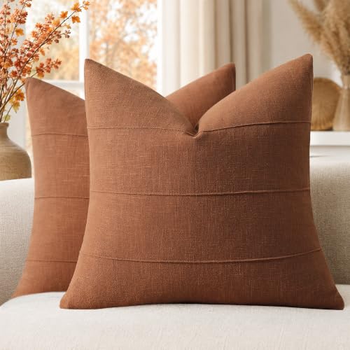 ZWJD Decorative Linen Throw Pillow Covers 20x20 Set of 2 Solid Handcrafted Striped Cushion Covers for Bed Soft Modern Farmhouse Neutral Pillowcase for Couch Bedroom Living Room Home Decor(Rust)