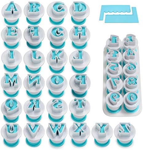 FANGSUN 36 Pieces Alphabet & Numbers Fondant Cake Mold, Cookie Stamp Impress, Embosser Cutter, Upper Case Numbers Shape DIY Cookie Biscuit with 2 Cake Scraper