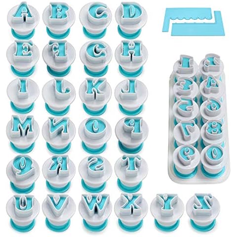 FANGSUN 36 Pieces Alphabet & Numbers Fondant Cake Mold, Cookie Stamp Impress, Embosser Cutter, Upper Case Numbers Shape DIY Cookie Biscuit with 2 Cake Scraper Cover
