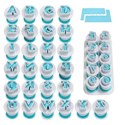 FANGSUN 36 Pieces Alphabet & Numbers Fondant Cake Mold, Cookie Stamp Impress, Embosser Cutter, Upper Case Numbers Shape DIY Cookie Biscuit with 2 Cake Scraper