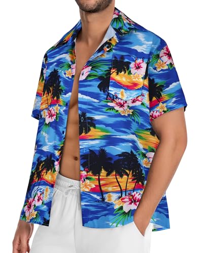 Image of Men Hawaiian Shirt Short Sleeve Summer Beach Button Down Shirts with Pocket