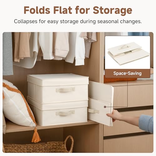 Image of StorageWorks Storage Bins with Lid, Decorative Fabric Storage Bins with Handles, Stackable Closet Organizers for Shelves and Bedroom, Small, Beige(Cotton Linen), 2-Pack