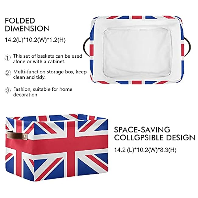 AUUXVA UK Flag Union Jack Storage Bins Basket, Vintage British Flag Collapsible Storage Cube Rectangle Storage Box with Handles for Shelf Closet Nursery Bedroom Home Office 2 Pack