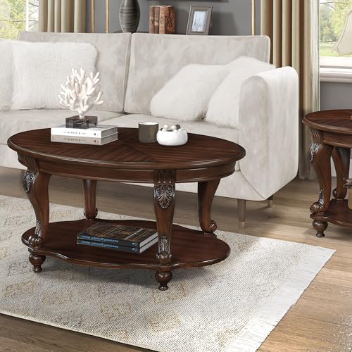 Amposei-Traditional-Vintage-Wood-Coffee-Table-42-Inch-Oval-Cocktail-Table-Center-Table-with-Storage-Shelf-for-Living-Room-Easy-Assembly-Cherry Amposei Traditional Vintage Wood Coffee Table 42 Inch Oval Cocktail Table Center Table with Storage Shelf for Living Room Easy Assembly Cherry