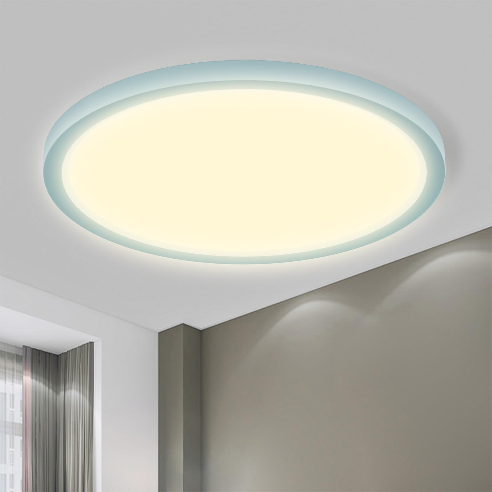LQWELL® LED Ceiling Light, IP44 Waterproof Bathroom Lamp Round Flat 18W 3000K 1600LM Modern Simple Thin for Living Room Bedroom Kitchen Basement Office, 220 * 24mm (Blue) [Energy Class E]