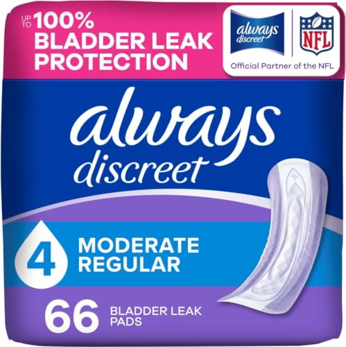 Always Discreet Adult Incontinence Pads for Women, Drier, 4 Drop Regular Length, Moderate Absorbency, Pads for Bladder Control Management, Bladder Leaks, & Postpartum Pads, 66ct