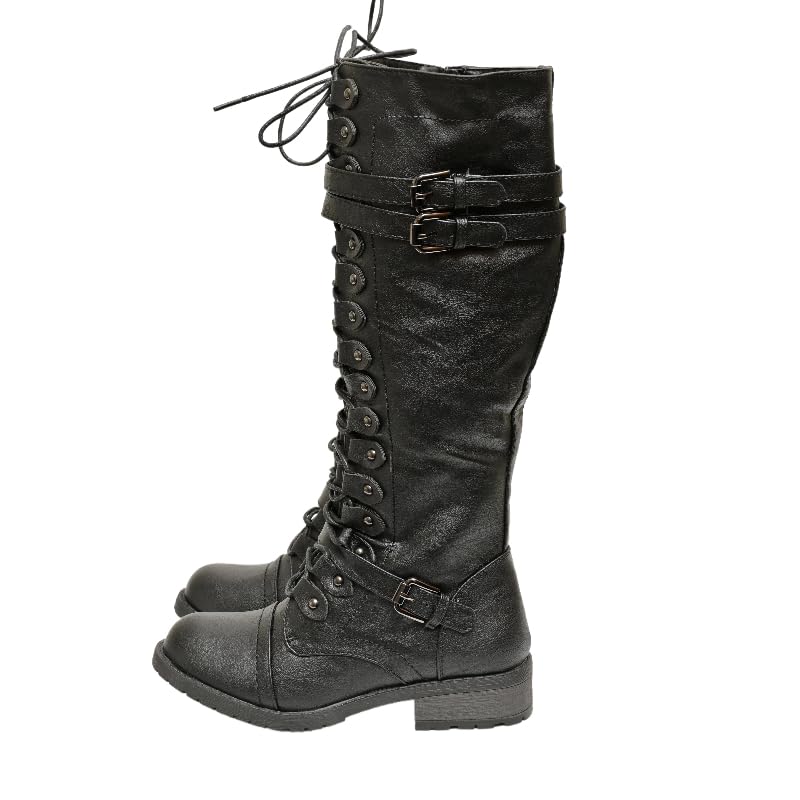 Womens Knee High Combat Boots Lace-Up Military Style with Double Buckle Straps Brown Tan