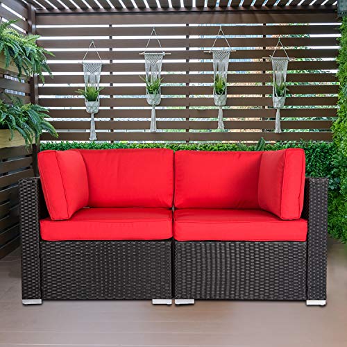 Patio PE Wicker Couch, 2-Seat Outdoor Black Rattan Loveseat Sofa Furniture with Red