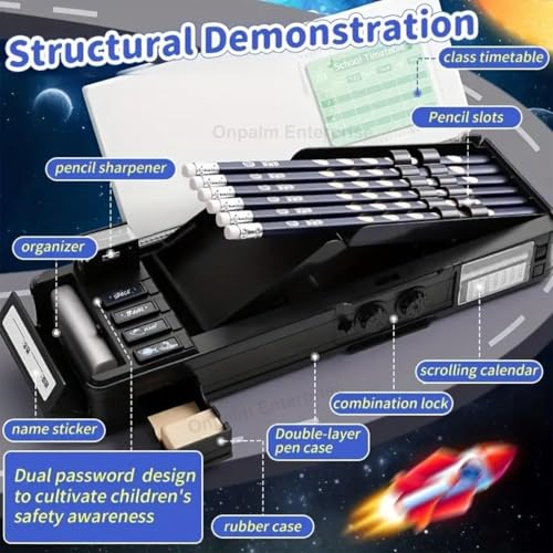 Image of PruuxaMultifunctional Geometry Lock Pencil Box for Kids, Students, Boys & Girls, Magnetic & Passworld Lock Compass Box, Space Theme School Return Gifts