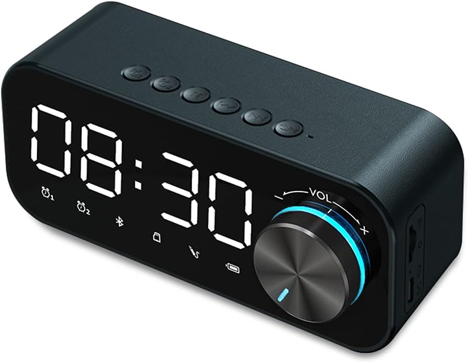 Portable Bluetooth Speaker 360° HD Stereo Super Bass with Digital Alarm Clock LED Display Night light Support AUX Cable and USB rechargeable for Our door Travel (Green)