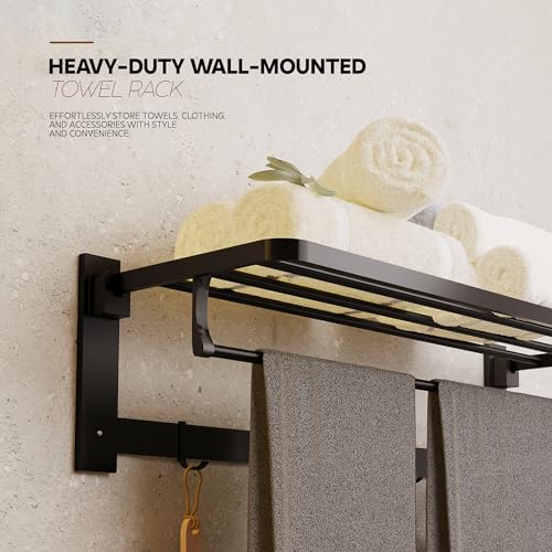 Image of MIORAH 24 Inch Foldable Aluminum Towel Rack for Bathroom - Wall Mounted Double-Tier Towel Holder with Rod & Hooks | Rustproof
