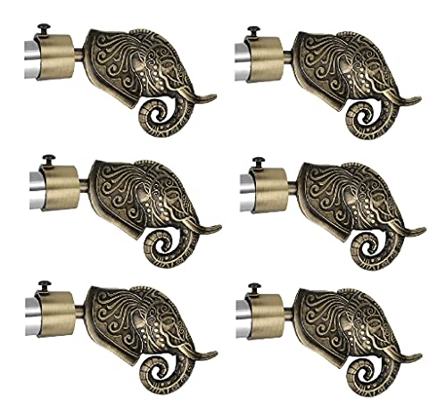 Image of FERIO Elephant Design Brass Antique Zinc Alloy Curtain Finials Door and Window 1 Inch Rod Size Set of 3 (6 Pcs) : Curtain Bracket /Holder