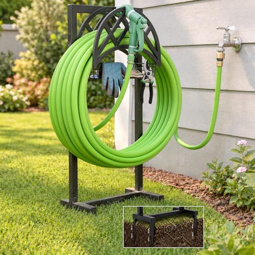 Oriva Garden Hose Holder Stand Freestanding Water Hose Holder for Outside Heavy Duty Rust-Resistant Metal Hose Hanger w/ 4-Spike Base Holds upto 160ft Outdoor Hose Storage for Yard Lawn & Garden