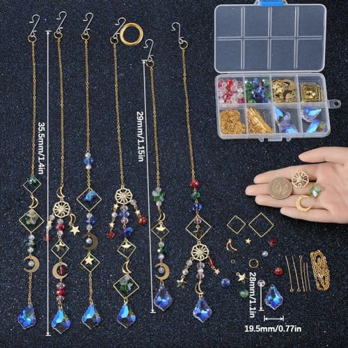 SUNNYCLUE 1 Box 254Pcs Garden Suncatchers Rainbow Makers DIY 6 Sets Sun Catchers Making Kit Golden Tone Sun Moon Star Charms Colorful Crystal Beads Prism Hanging Pendants for Windows Indoor Outdoor - Image 3