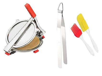Vessel Crew Combo of Stainless Steel Puri/Roti Maker Press, Silicone Spetula & Oil Brush and Steel Roti/Chapati Tong