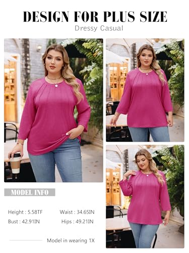 Image of Chulianyouhuo Womens Plus Size Tops 3 /4 Sleeve Casual T Shirts | Crew Neck, Pleated Blouse Tee, Dressy Casual Shirts, Loose Fit Tunic Tops, Soft Fabric, Going Out Outfits