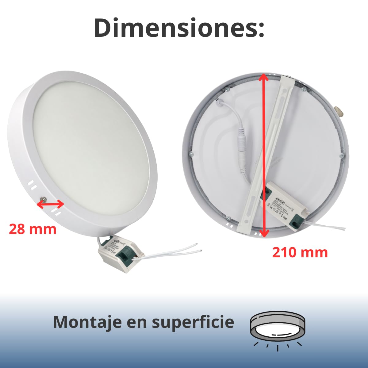 JANDEI - 2 x Downlights LED 18W, de Surface, Ronde (équivalent à 140W), Jante Blanche Mate en Aluminium (Blanc Froid 6000K). Parfait pour les Salons, Cuisines, Couloirs, Bureaux.