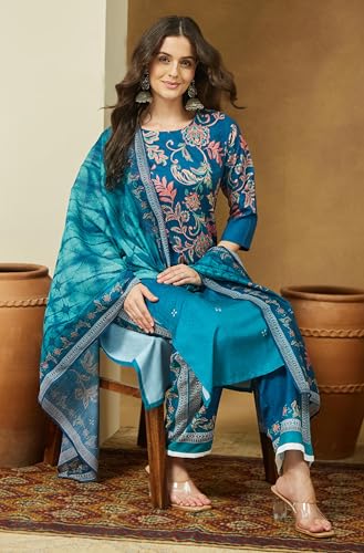 Image of Janasya Women's Cotton Blend Floral Printed Straight Kurta Set