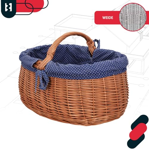 KOTARBAU® Weidenkorb mit Henkel - 47 x 31 x 32 cm - Korb mit Henkel - Einkaufskorb - mit Stoffeinlage in Blau - Pilzkorb - Erntekorb - Natürlich - Lebensmittelecht - Weide - Braun