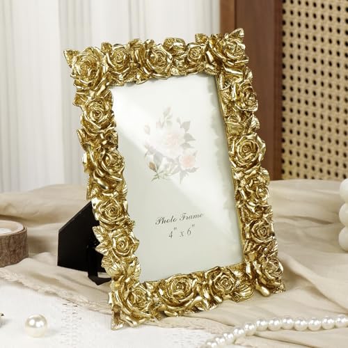 Vintage Gold 4x6 Picture Frame, Gold Ornate Rose Flower Resin Photo Frame with Glass Front for Tabletop or Wall Hanging, Antique Picture Frames for Home Office Decor