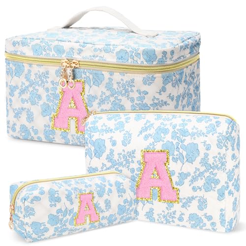 3 PCS Travel Makeup Bag Set, A–Z Initials Cotton Quilted Cosmetic Bag for Women & Preppy, Personalized Toiletry Bag Travel Accessories Makeup Brushes Organizer, Birthday Gift for Her (A, Blue flower)