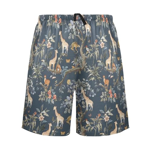 Animals on Giraffe Mens Pajama Shorts Soft Pants Lounge Sleepwear Bottoms with Drawstring & Pockets
