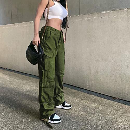 Yahuiul Cargo Pants Women, Parachute Pants For Women Baggy Low Waist Zipper Y2K Pants Light Baggy Jogger Relaxed 02 Armygreen L #TOP1