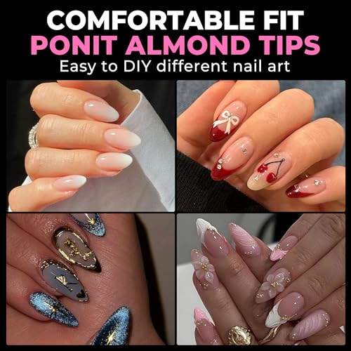 Image of UNA GELLA Almond Nail Tips, 216pcs Pointed Almond Gel Nail Tips Pre-shape Half Matte Full Cover Clear Acrylic Soft Gel Fake Nails for Nail Extension Nail Art 12 Sizes