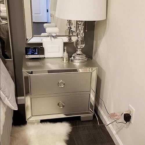 Miniatura 8 de Mesita de noche con espejo, mesita de noche plateada con diseño de espejo, mesa auxiliar de espejo con asas redondas y marco de madera, mesa