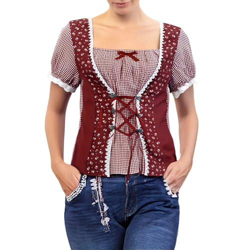 Generisch Trachtenbluse Rot/Weiss kariert - traditionelle, taillierte Trachten Bluse mit Herzknöpfen 2025 Neu