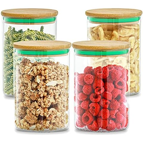 Juego de 4 Tarros de Almacenamiento de Cristal con Tapa de Bambu Hermeticos 800ml Cover