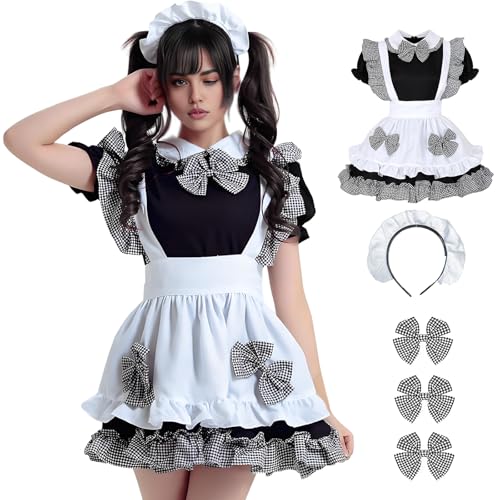 YushengTai Maid Dress, Süße Maid Outfit, Schwarz-Weiß Kariertes Maid Kostüm Anime Cosplay, Klassisches Maid Cosplay Kleid mit Stirnband,...