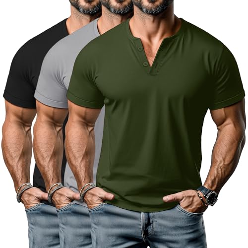 Huukeay 3 Pack Big and Tall Men's Short Sleeve Henley T Shirts Cotton Summer Casual Basic Tee Button Lightweight Stretch Top - Main Image