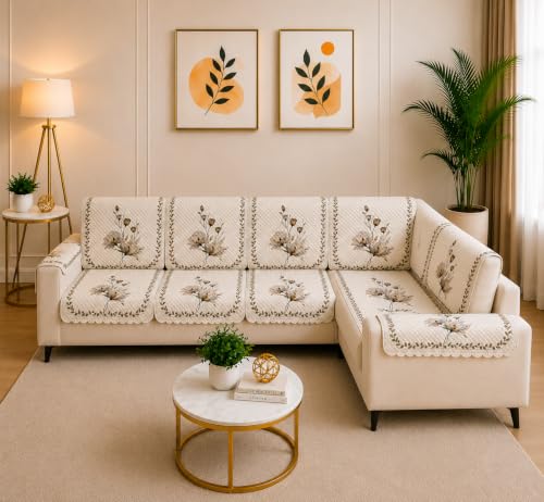 Image of Floral 7 Seater L-Shape Sofa Cover, Quilted Texture, Sectional Couch Protector for Living Room-Pack of 14, Cream