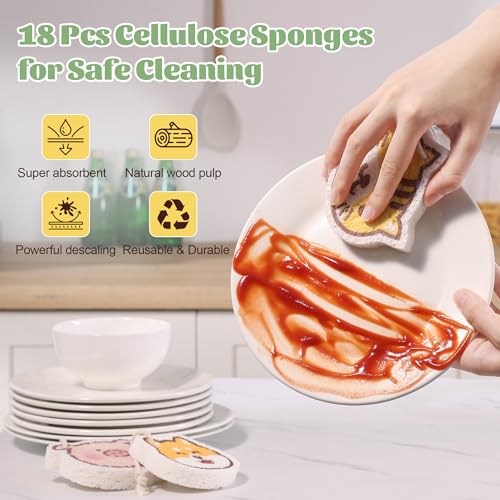 Image of JOYMOOP Cartoon Kitchen Sponge, Non-Scratch Sponges for Dishes, Natural Cellulose Sponges for Cleaning, Reusable Sponge for Household Cleaning - 18 Pcs Mixed Pattern (Kitten, Doggy and Piggy)