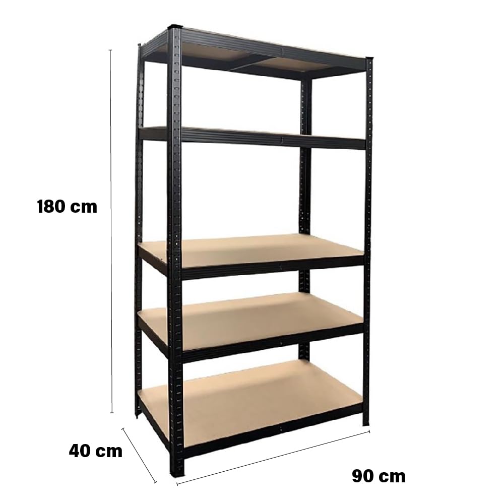 Scaffale in Metallo Nero - 5 Ripiani, Legno MDF, Altezza Regolabile, Salvaspazio, Ufficio, Garage, Magazzino, Negozio, ad Incastro, Orizzonale/Verticale, 90 x 40 x 180h cm - Portante 875 kg