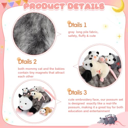 Image of Hollowfly 5 Pcs Opossum Stuffed Animal Mommy with 4 Baby Possum Plush Toy