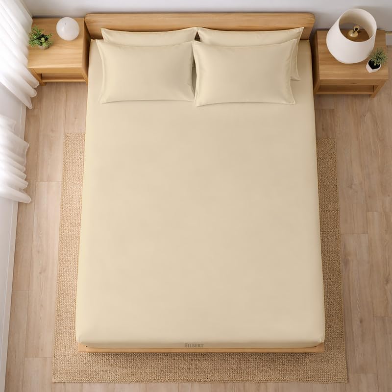 Image of Filbert - Premium Satin Fitted Bedsheet Single Bed (36x75 Inch) with 1 Pillow Cover | Hypoallergenic Breathable | Hair and Skin Friendly, Women Gift Choice|Beige