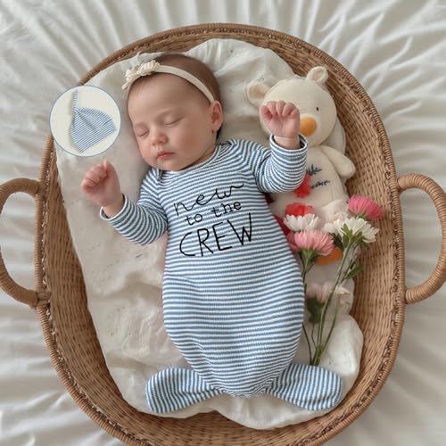 Image of Baby Girl Boy Sleeping Waffle Bag Letter Embroidery Long Sleeve Sleep Striped Sack with Hat 2 Piece Set for Fall