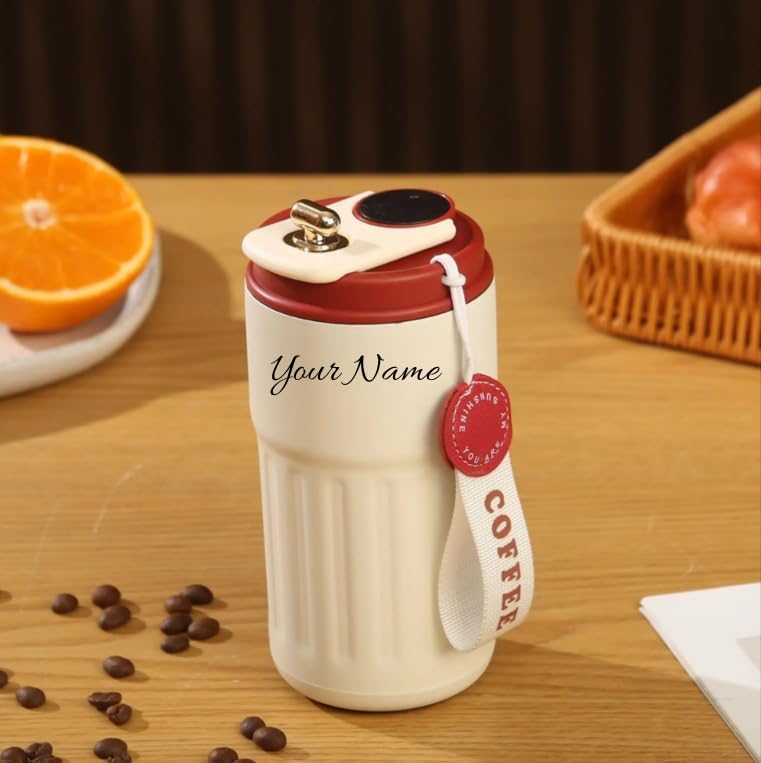 Image of SKDBPM Personalized Stainless Steel Tumbler with Handle, 500ml Capacity, Black Insulated Travel Mug with Straw, Custom Name Design (Coffee Custom RED)