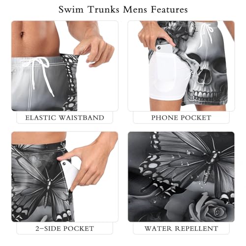Men's Swim Trunks Skull Butterfly Black, Quick Dry Beach Board Shorts with Liner, Swimwear Bathing Suits S3