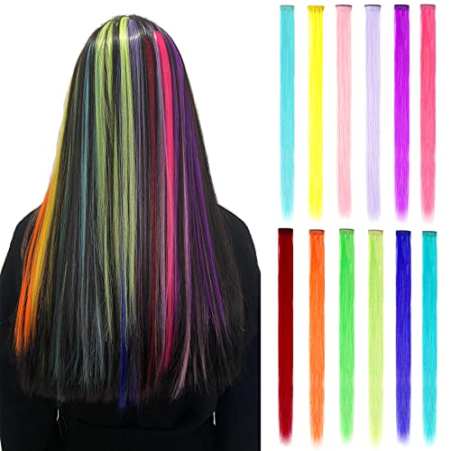 12PCS Colored Hair Extensions Straight Multicolor Clip in Hair Extensions Colorful 20 Inch Rainbow Hair Extensions for Kids Women's Gifts Halloween Christmas Party Highlights (12pcs Colored)