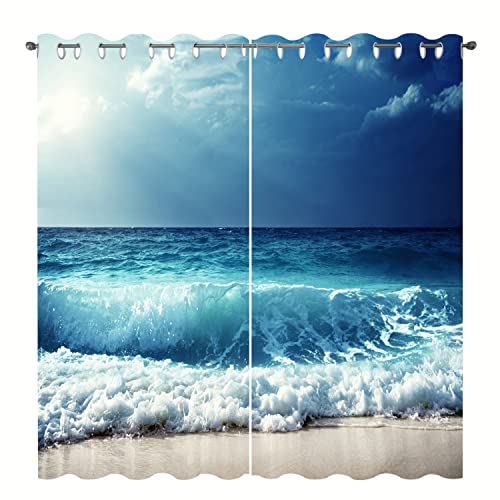 SHUIZHIHE Ocean Beach Curtains Tropical Seaside Theme Blue Sea Sky Window Drapes Decor for Bedroom Living Room Grommet Top Room Darkening Curtains 2 Panel Set (W117cm (46") x D137cm (54"))…