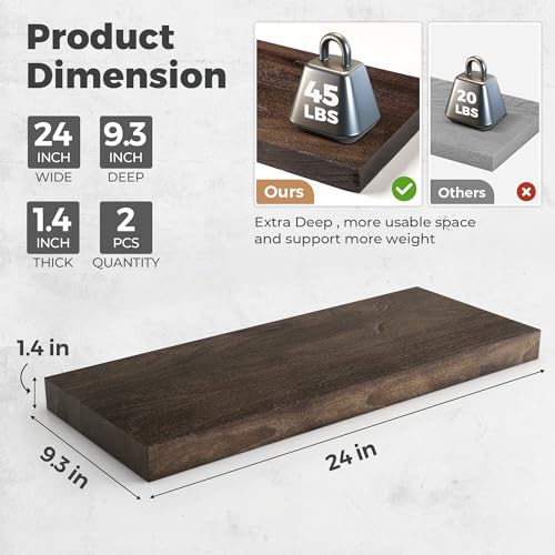 Image of RICHFOCUS Elm Floating Shelves for Wall - 24 inch W x 9.3 inch D Rustic Solid Wood Shelves with Invisible Bracket, Wall-Mounted for Living Room, Bedroom, Kitchen Storage & Display, Set of 2, Walnut